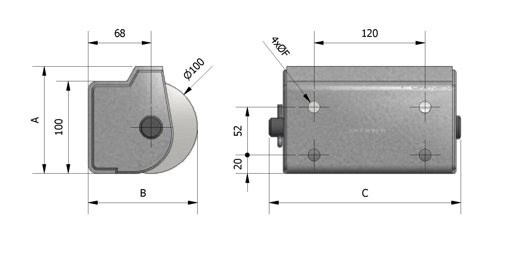 Technische Zeichnung von Rollenpuffer, Gehäuse verzinkt mit Gummi Rollen, horizontal, 2 Rollen Mit Referenznummer 250500