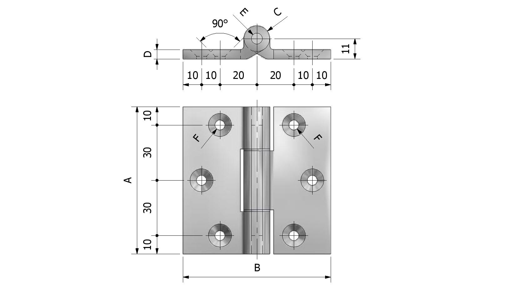 Technische tekening van Aluminium scharnier, dikte 5mm, 80x80 met referentienummer 340007