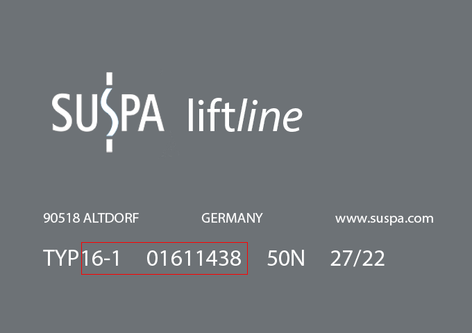 Suspa label with reference and power indication.