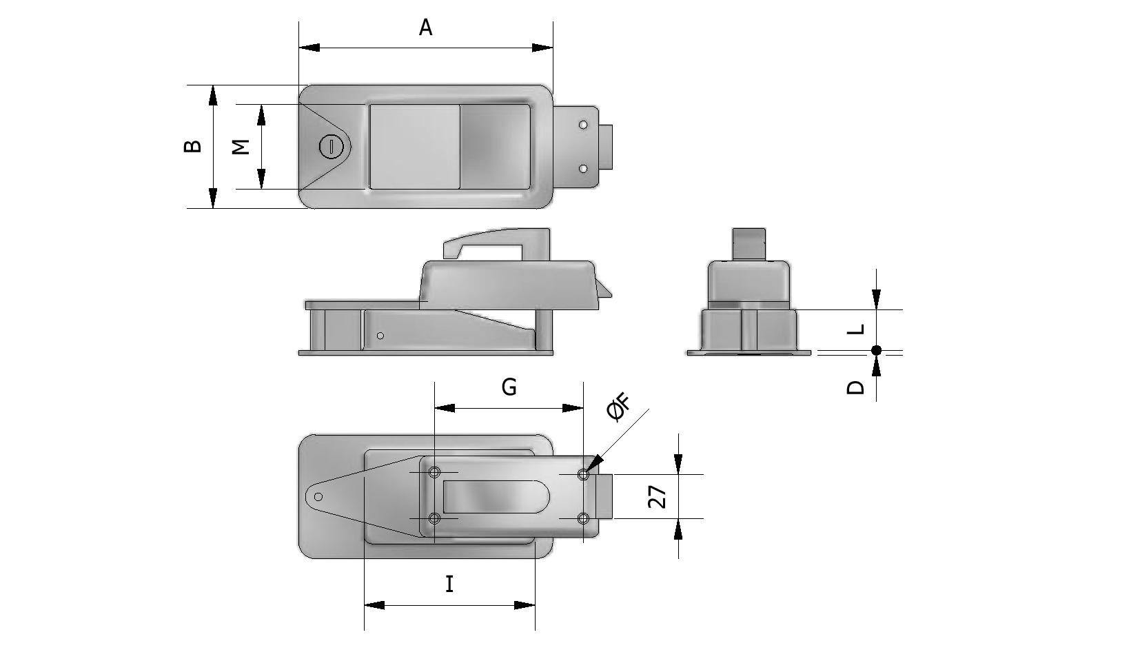 Dessin technique - Serrure encastrable Caraloc, serrure intérieure complète avec plaque de fixation et vis avec numéro de référence 405115