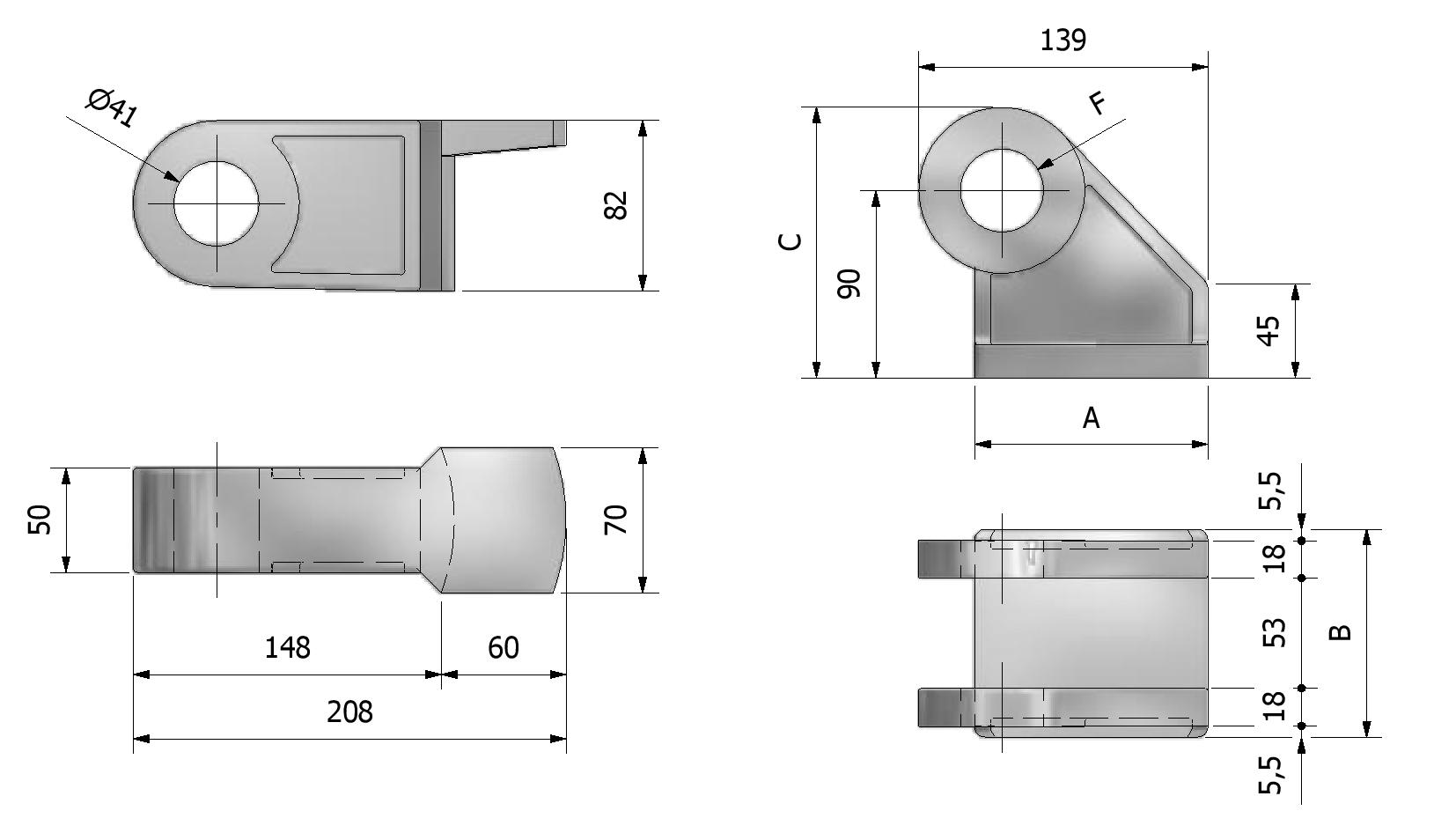Technische Zeichnung von Scharnier für Kippfahrzeuge, großes Modell Mit Referenznummer 335820