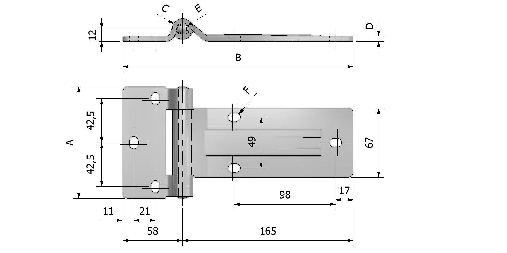 Technische Zeichnung von Seitentür Scharnier, Dicke 5mm, 108x223 Mit Referenznummer 330350