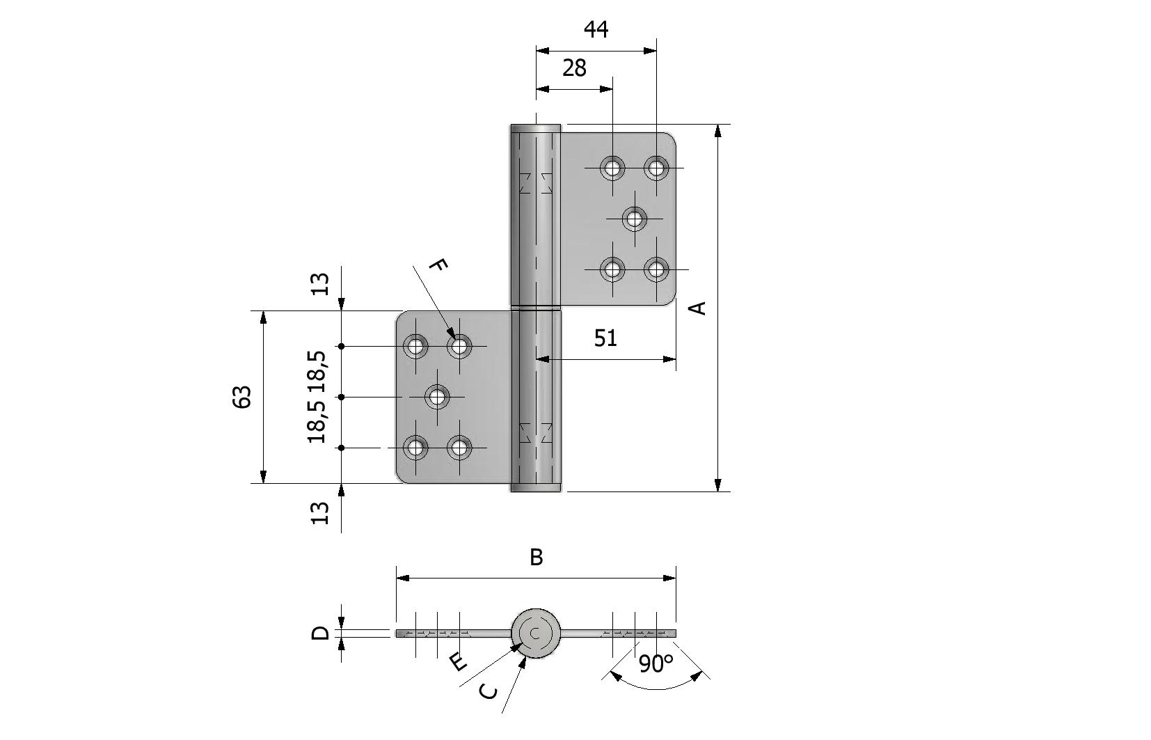 Technische tekening van Paumelscharnier met referentienummer 356210