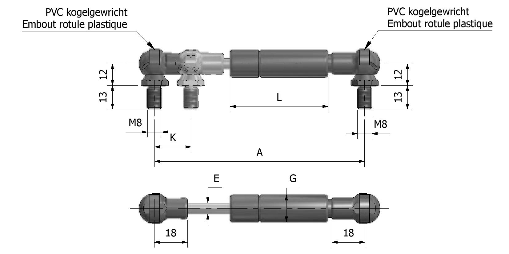 Technical image of Gas spring ø6 - ø15 - ball joint with reference number 807005