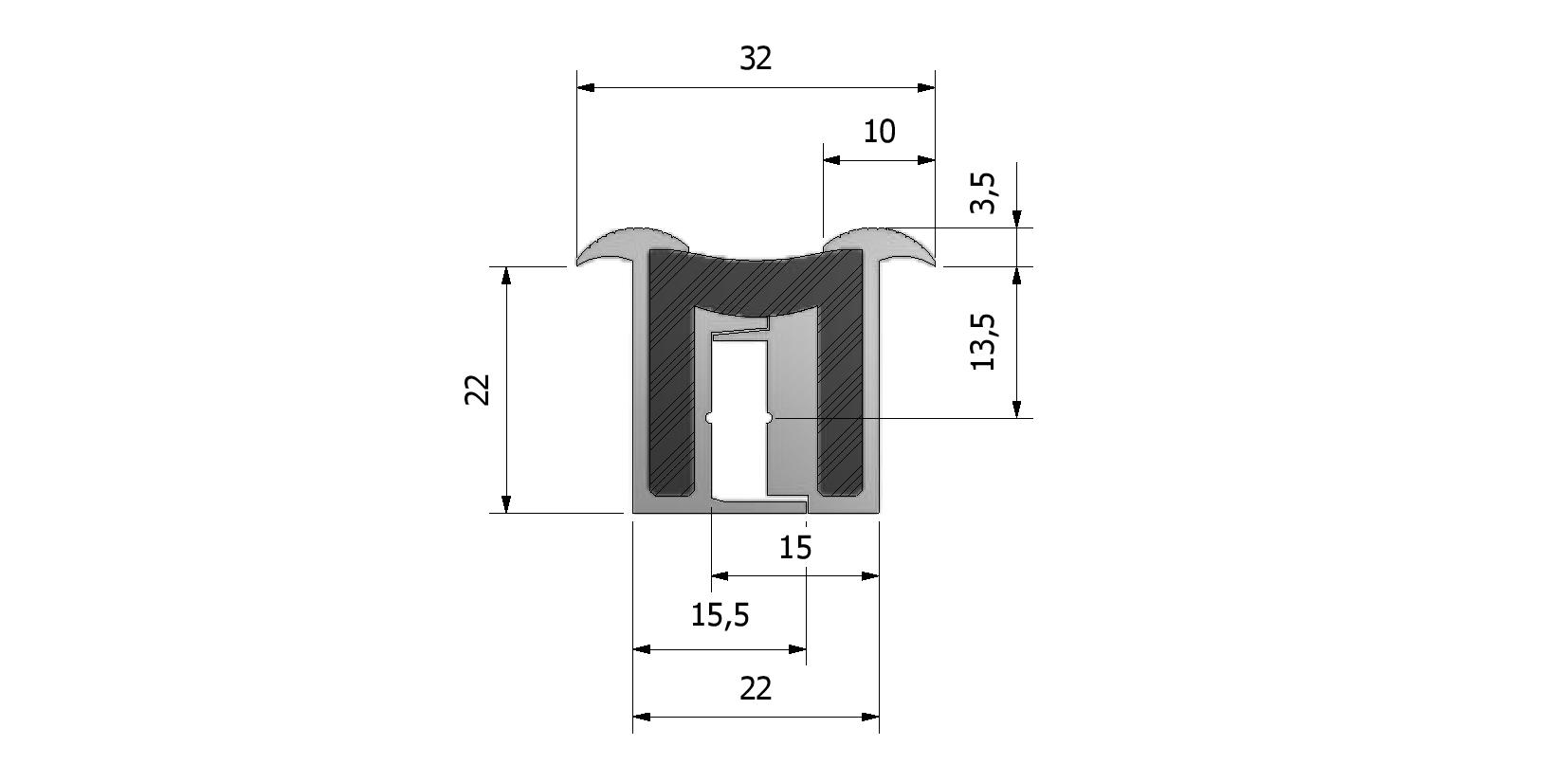 Technische Zeichnung von Scharnierprofil TILA wasserdicht, Einbaumaß 22mm Mit Referenznummer 340110